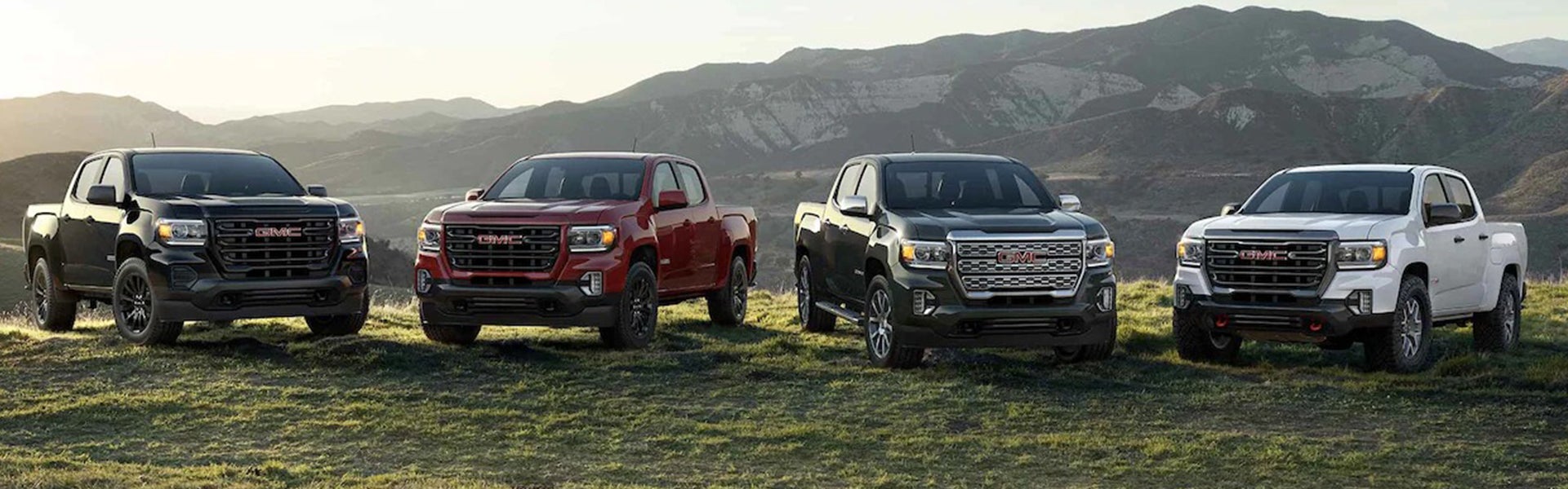 Group of Canyon trucks parked on grass